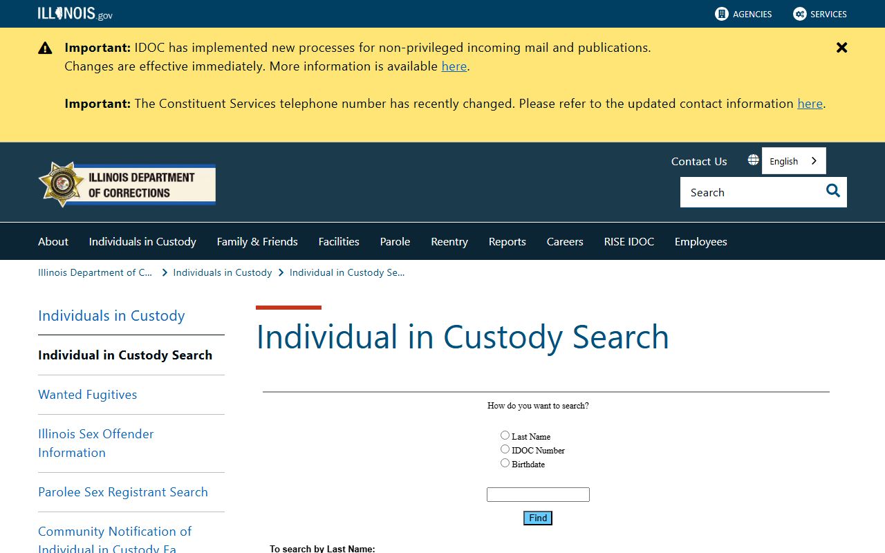 IDOC search page for Wayne County state custody after jail booking
